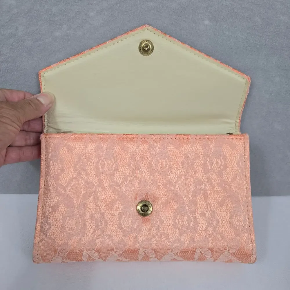 Peach Satin & Lace Covered Clutch Snap Closure Purse with Chain Shoulder Strap